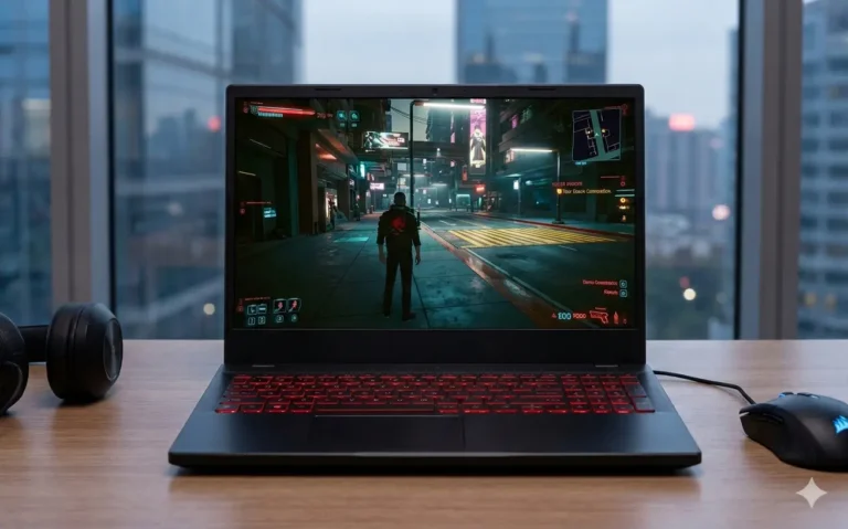 Budget gaming laptop running a modern game at 1080p