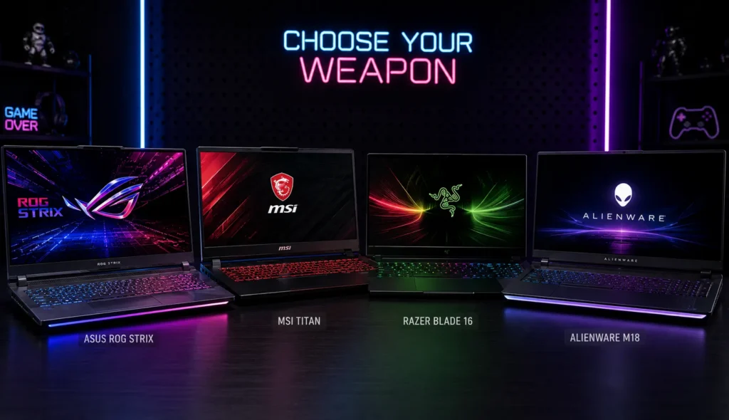 Gaming laptop brands ASUS, Lenovo, Acer, and MSI compared