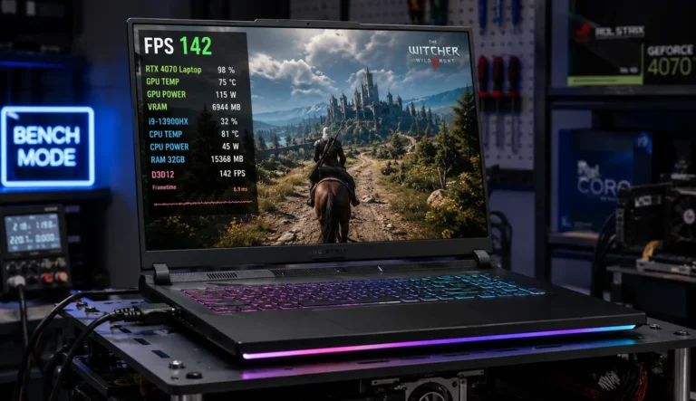 Gaming laptop undergoing frame rate benchmark testing