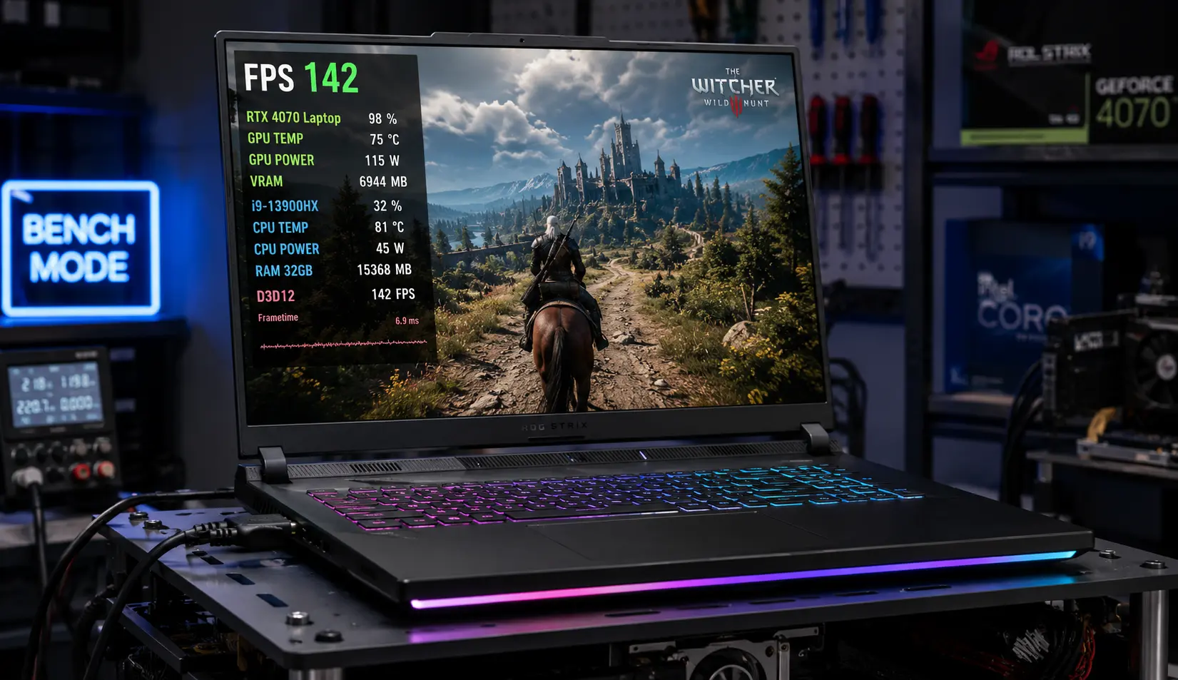 Gaming laptop undergoing frame rate benchmark testing