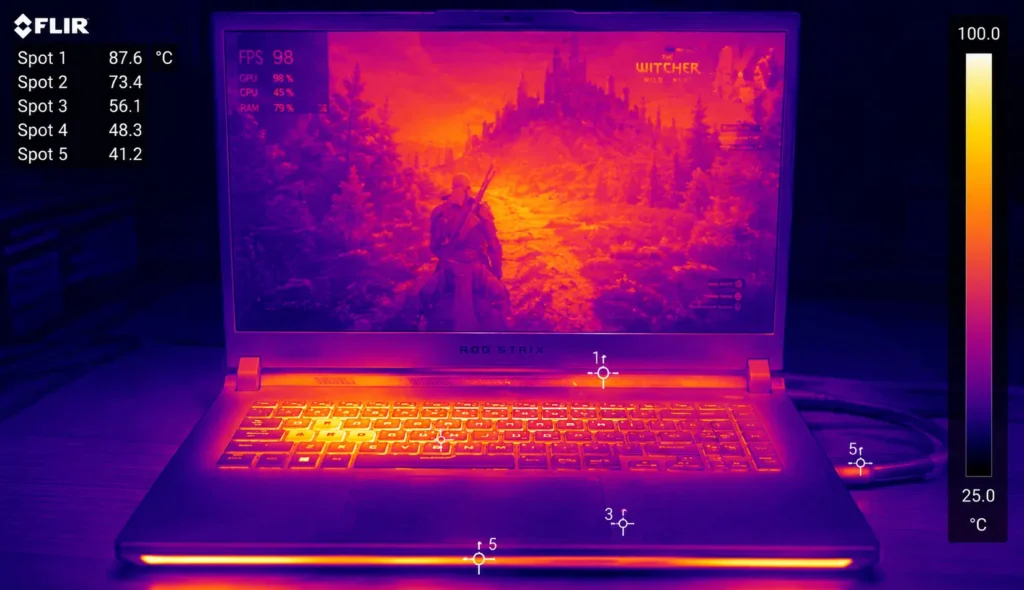 Thermal testing of a gaming laptop keyboard and chassis under gaming load