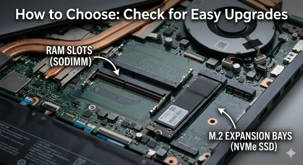 Upgradeable RAM and SSD slots inside a budget gaming laptop